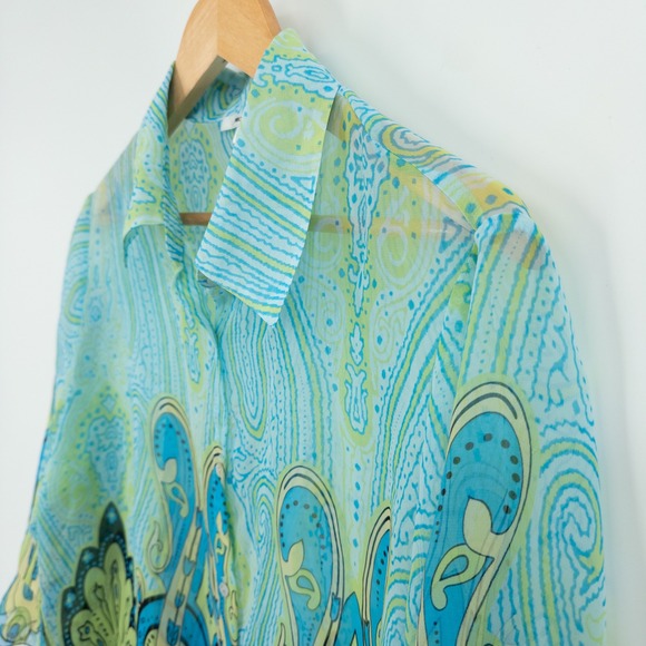 Y2K Sheer Paisley Top Womens L Turquoise Green‎ Boho Flowy Top Retro Peasant - Picture 5 of 11